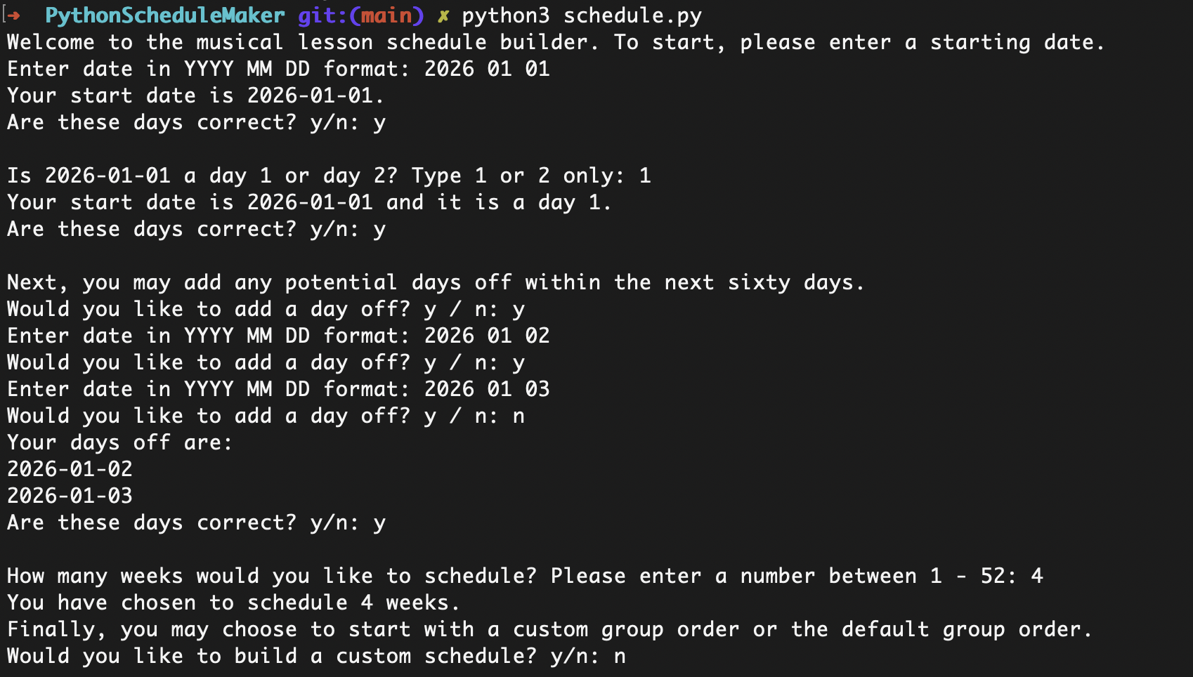Schedule maker terminal input