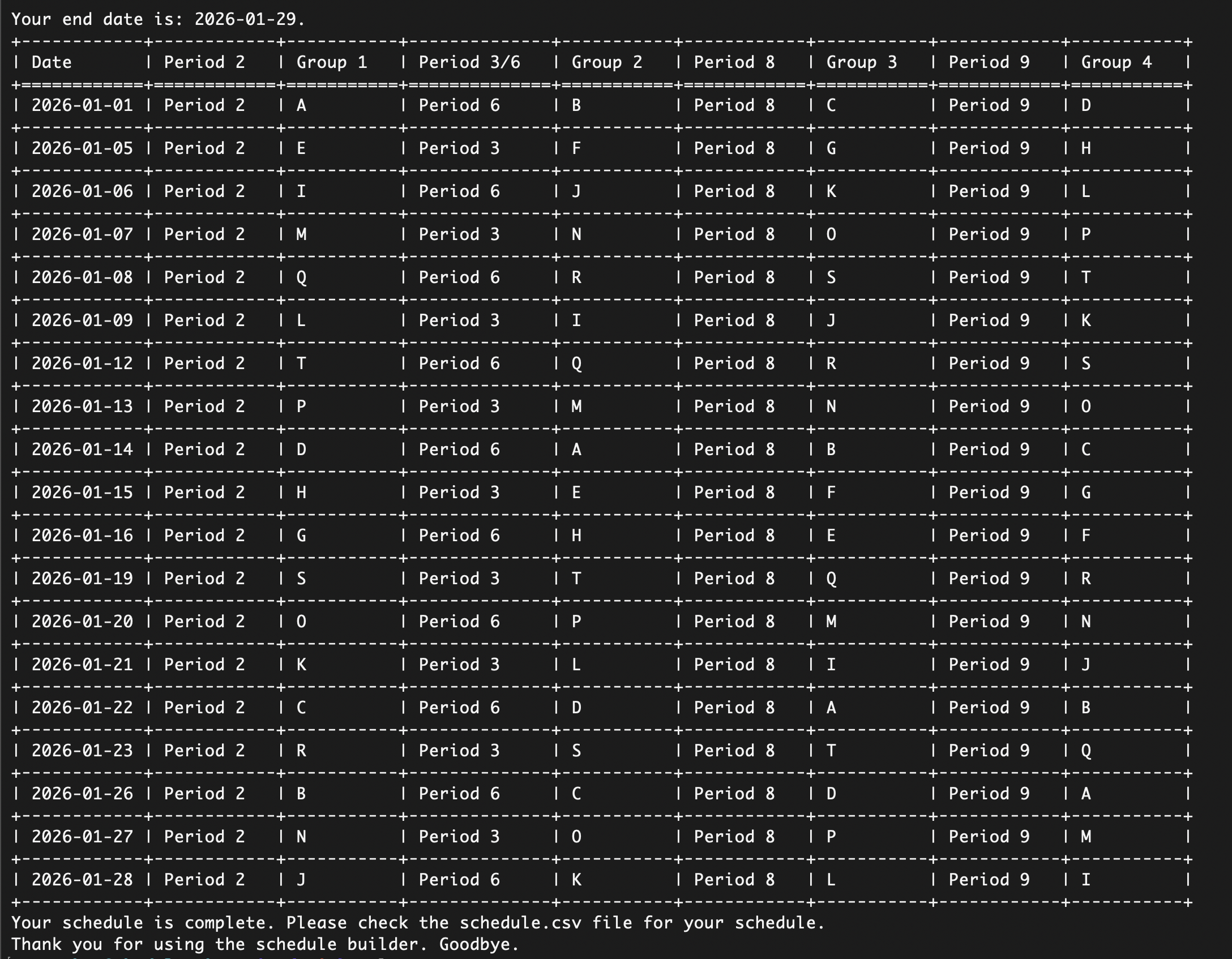 Schedule maker output